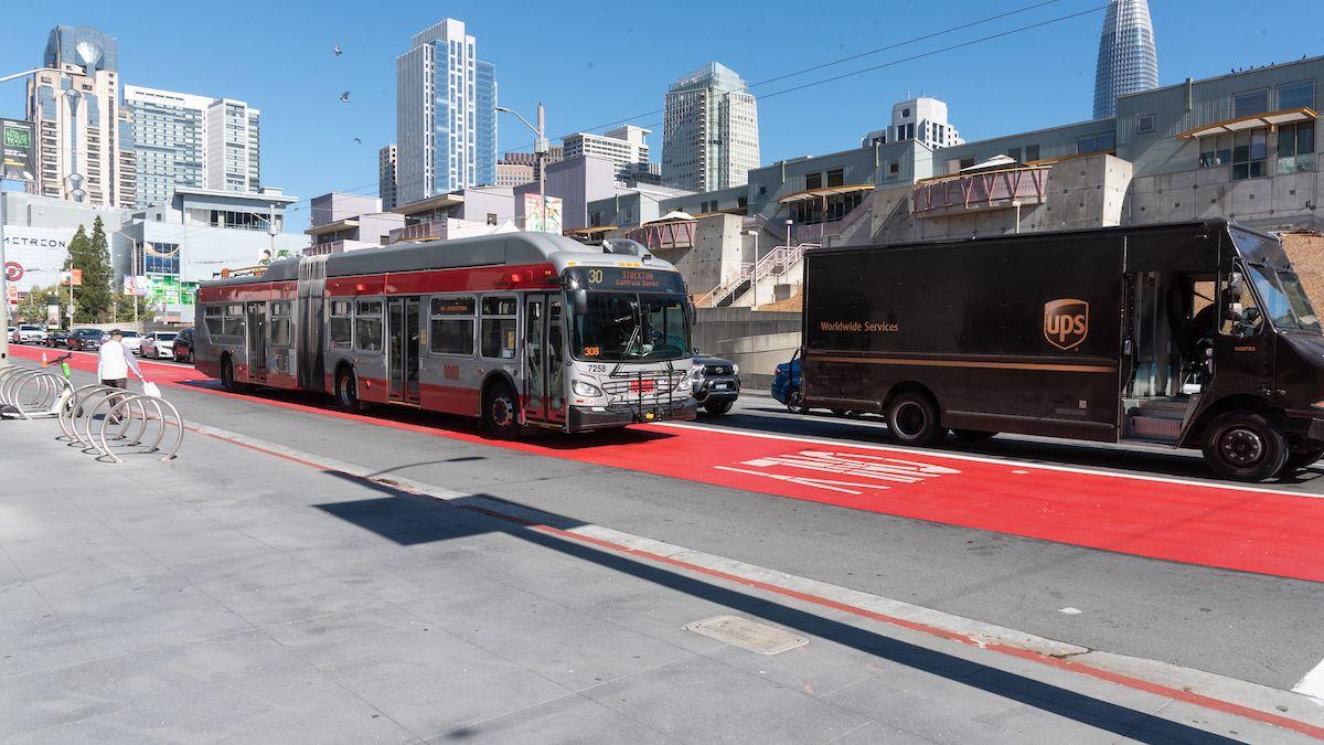 A photo of the 30 Stockton passing by the Yerba Buena Center for the Arts in San Francisco, travelling in a red transit lane. A photo of the 30 Stockton passing by the Yerba Buena Center for the Arts in San Francisco, travelling in a red transit lane.