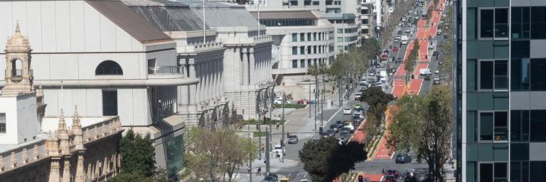 Red transit lanes improve travel times along Van Ness Avenue from Mission Street to Lombard Street.