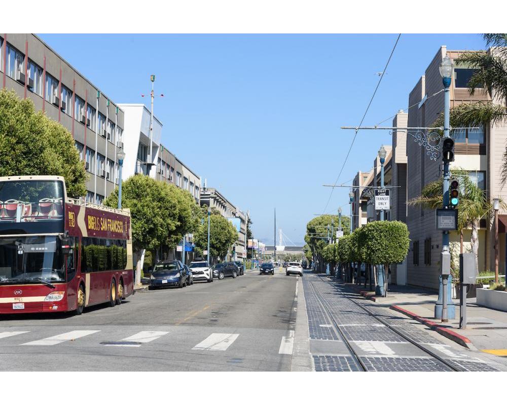 View of Beach Street and tour bus loading looking east 
