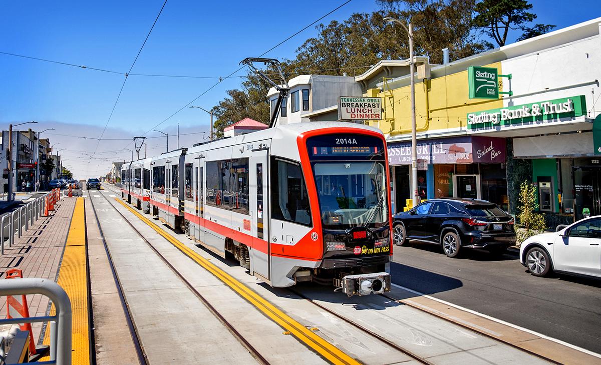 An L Taraval train runs on new tracks along Taraval as operators train for the return of service. An L Taraval train runs on new tracks along Taraval as operators train for the return of service.