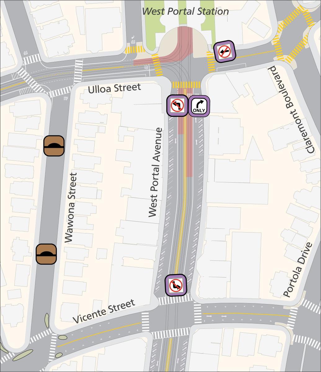 West Portal - Postcard Image 9.13.24 Left turns would be prohibited from northbound West Portal onto Ulloa Street and from southbound West Portal onto Vicente Street. The bus stop at the northwest corner of West Portal and Vicente Street would be eliminated. Vertical speed elements would be added at three locations on Wawona Street between Vicente and Taraval Streets. Lenox Way would be converted to one-way. The 91 Owl bus stop would be moved from inside the horseshoe to on Ulloa Street at West Portal Avenue.