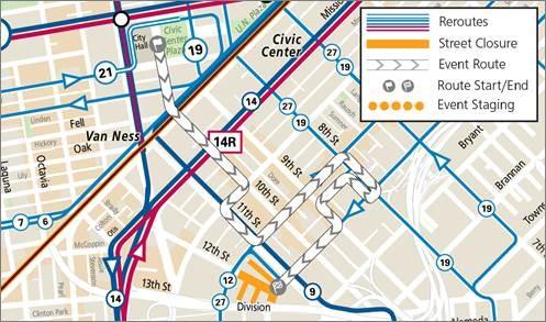 Map of Muni service changes during Leather Pride Fest & Walk 2024