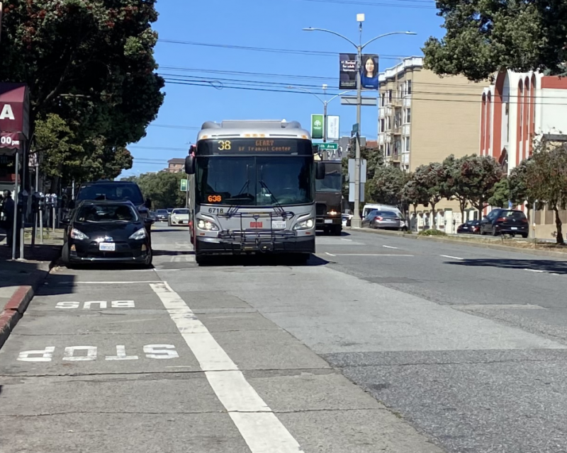 38 Geary travels east on Geary Boulevard