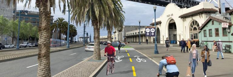 A rendering of a two-way protected bikeway with new palm trees between Harrison and Bryant Streets.